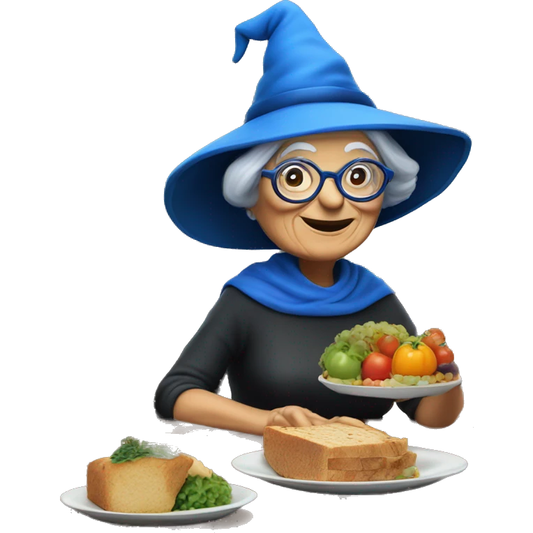 smart granny witch with glasses and blue hat lunching with friends emoji