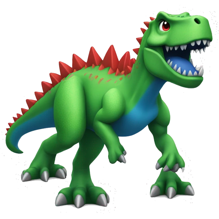 a green trex with blue spikes and red eyes, full body
 emoji