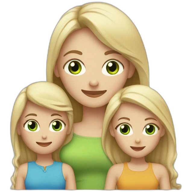 4 people Family . blond girl green eyes, dad (with no hair), mom (long blond hair) and sister with brown hair hud each other emoji