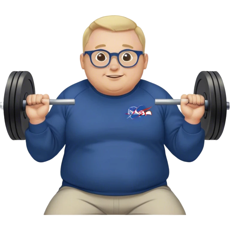 happy chubby man, bench Press,  blond short and hight receding hairline, wearing a dark blue sweatshirt, nasa logo on the sweatshirt, round glasses without frame, 40 years old emoji