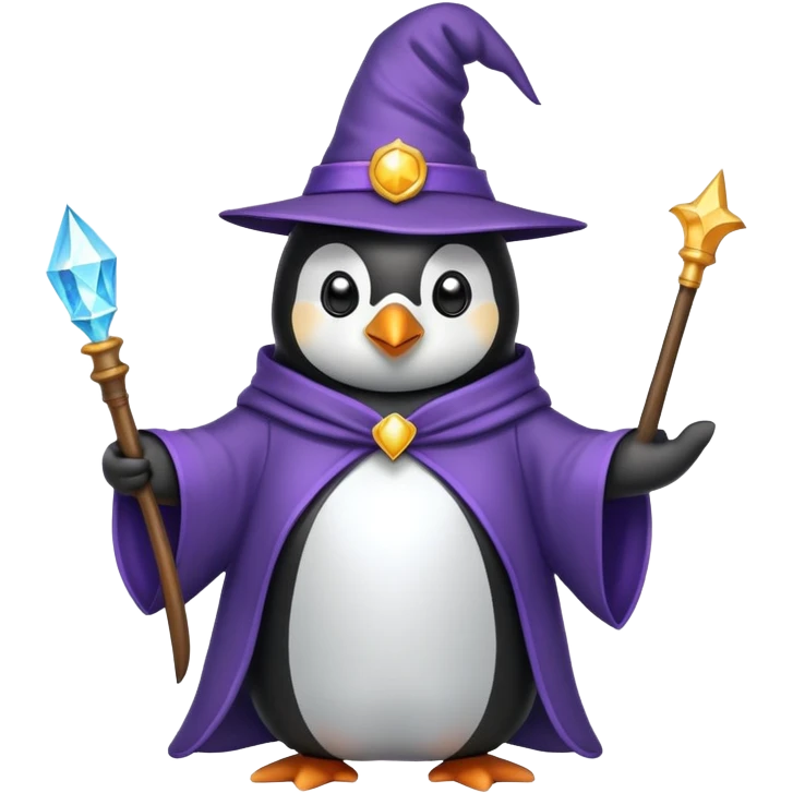 penguin wearing wizard hat and robe holding a magic wand emoji