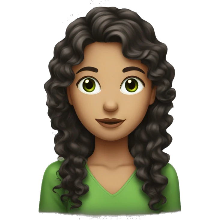 A girl with long curly dark brown hair eith green eyes emoji