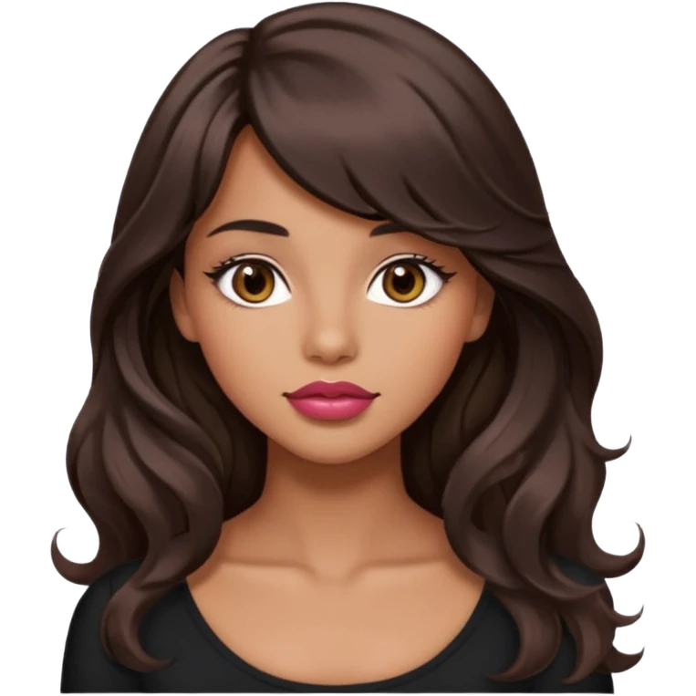 beautiful girl with black wavy long hair and side-swept bangs, tan skin, rose-coloured lips and hazel eyes who looks like a model emoji