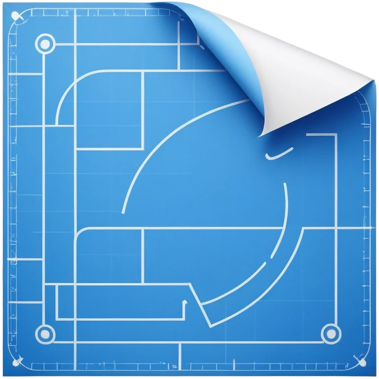 side view of a blue blueprint plan with white lines and a curled corner emoji