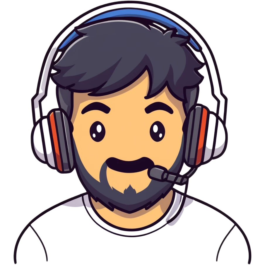 A gamer with black hair, brown eyes, and a black beard wearing a gaming headset with a thankful expression emoji