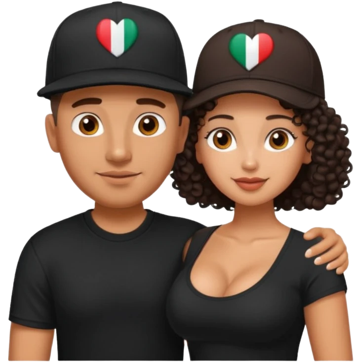 A picture of an embracing tanned couple. the man is a Mexican man with tanned skin, with a bald hair cut wearing a SnapBack hat and a black shirt. the woman has curly dark brown hair, no hat, and with big boobs   emoji