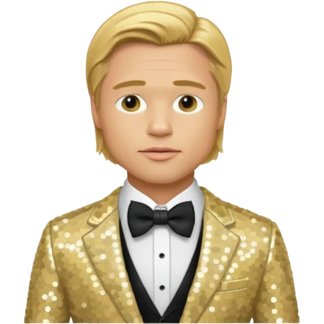 Brad Pitt with golden blonde hair, cream sequin suit with bow tie emoji