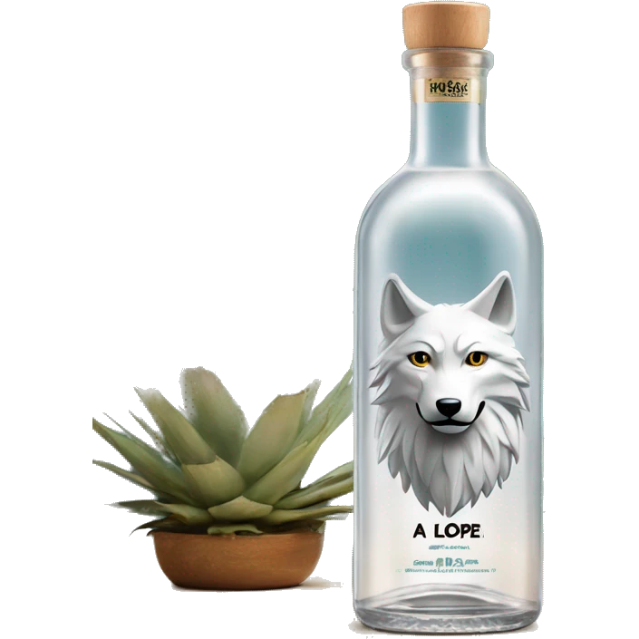 A tequila blanco classic transparent long cylindrical bottle with a wolf on top of the label, "Lopez" on the middle, and agave plants on the bottom. Only the cap is made of light wood. emoji