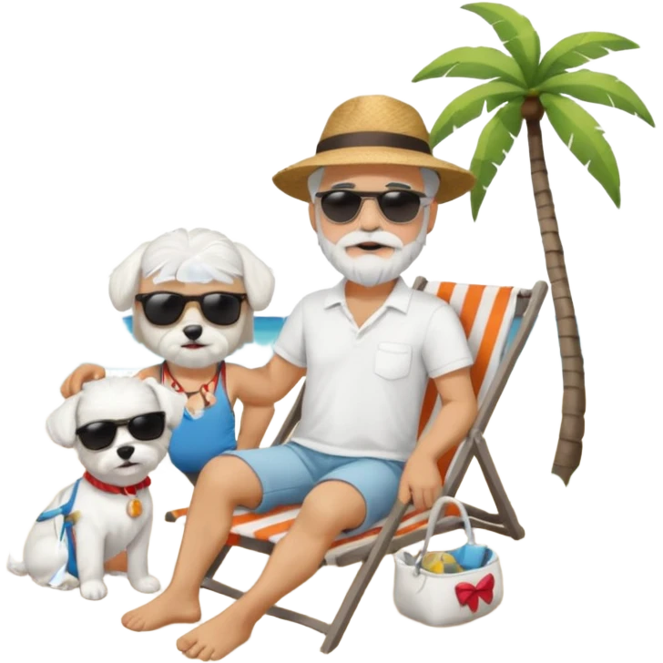 white man grey hair beard holding a white Maltese relaxing on a beach full body emoji