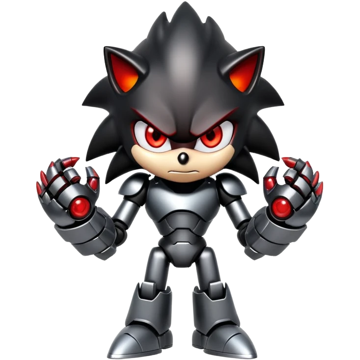 Angry robotic Shadow the Hedgehog with black metal body, red glowing eyes, chrome highlights, and robotic arms crossed emoji