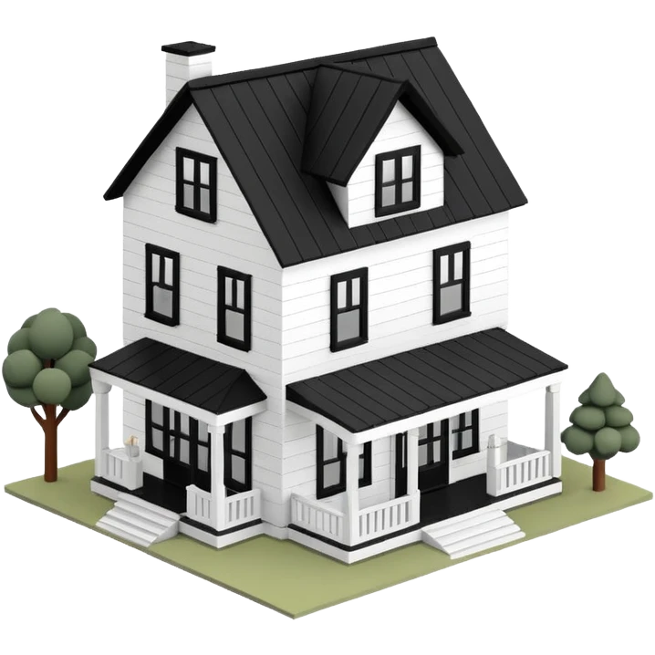 modern farmhouse dollhouse, white with black trim and wooden accents, 3d isometric  emoji