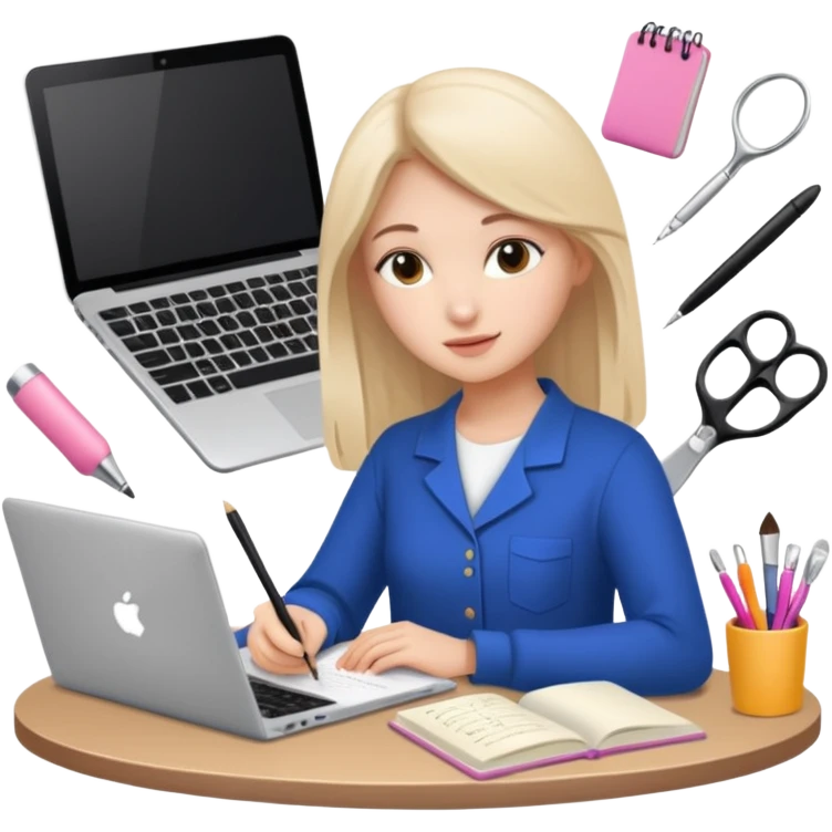 CREATE ME A BEAUTY STUDENT LEARNING A COURSE ON A LAPTOP, ADD BEAUTY TOOLS AROUND, AND NOTES emoji
