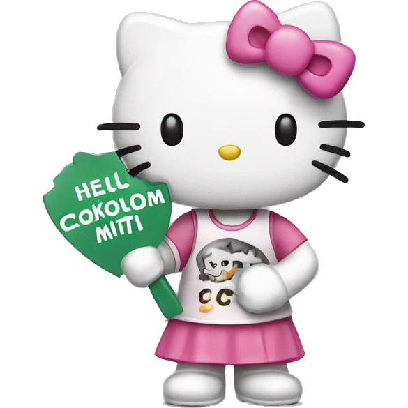 hello kitty holding a sign that says “Csókolom Mitzi” emoji