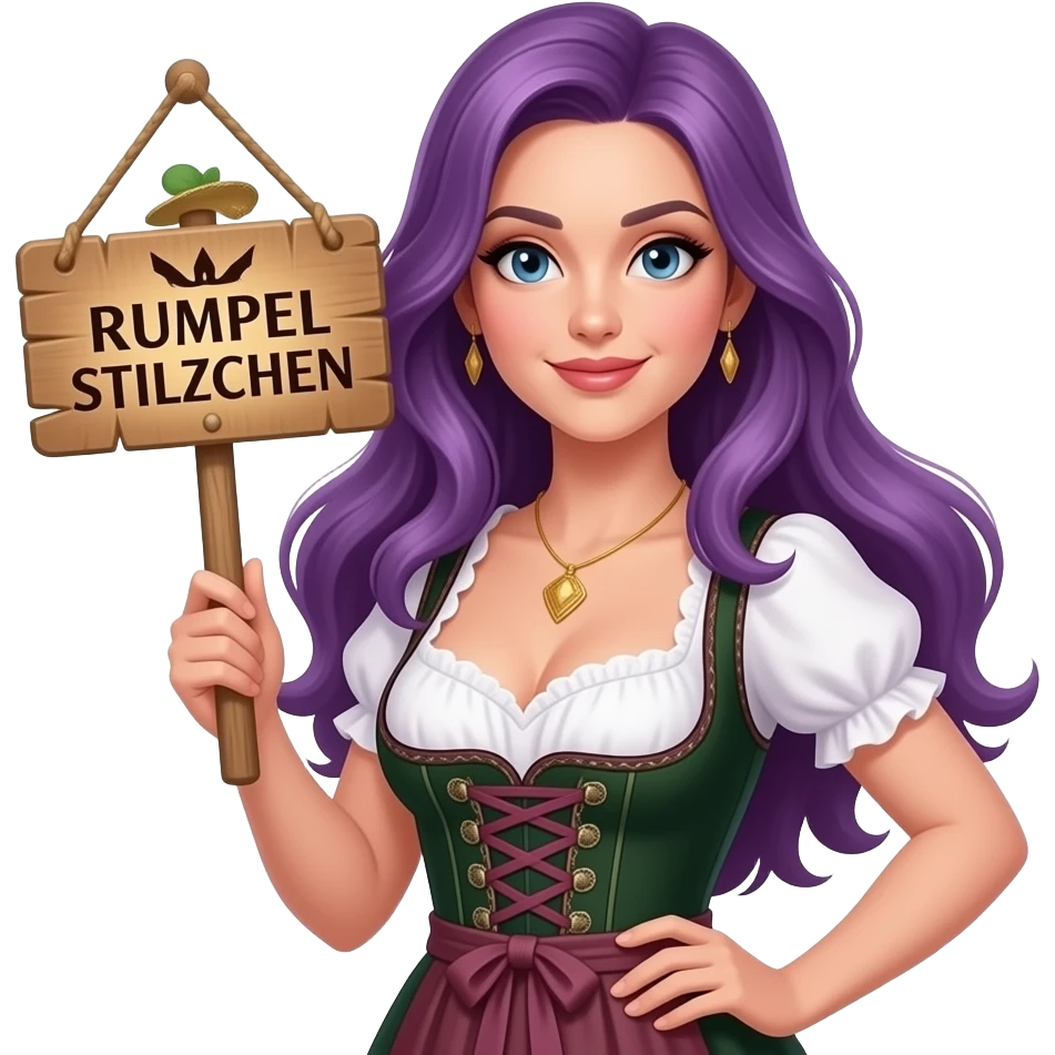 sexy girl with long purple hair wearing a dirndl holding a RUMPELSTILZCHEN sign emoji