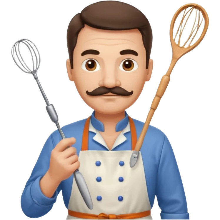 Middle-aged male pastry chef – mustache, wearing apron and whisk in hand
 emoji