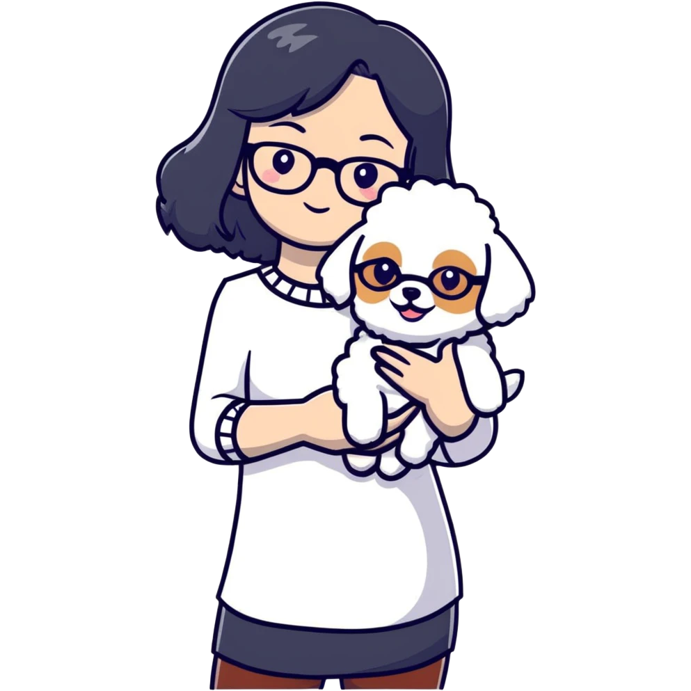 Girl with long black hair and glasses holding a white Bichon Frise dog emoji