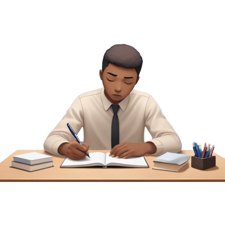 A person sits at a desk with their head down, surrounded by swirling stress clouds. In front of them, a glowing version of their "future self" reaches out, handing them a pen. As they take the pen, the stress clouds begin to dissolve, symbolizing how action breaks procrastination  emoji