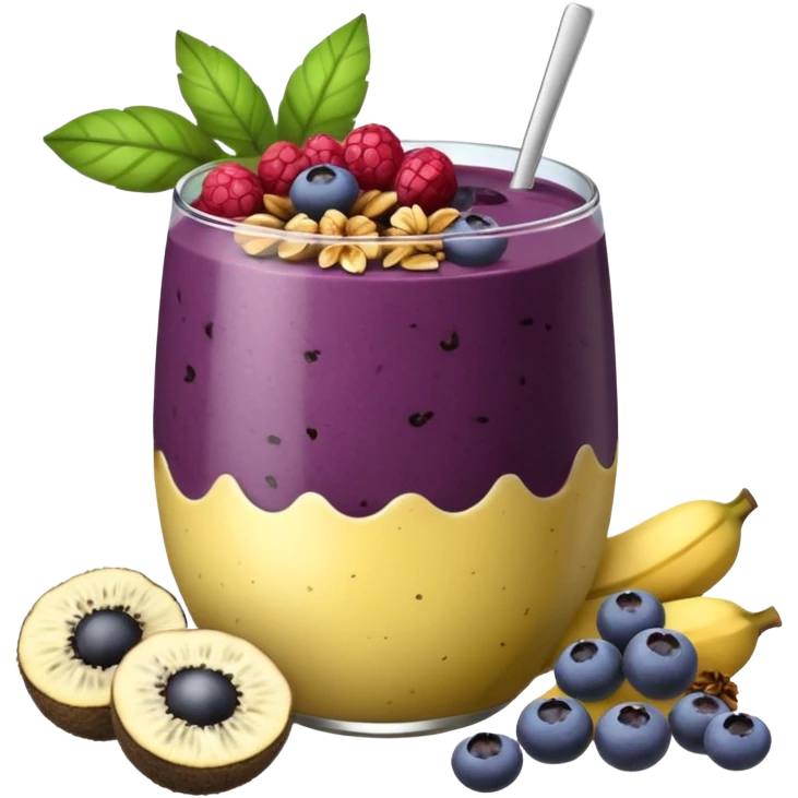 Vaso con açai, que lleve granola plátano arándanos y frutillas emoji