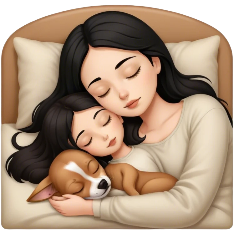 Girl black hair sleeping with brown longhair chiuaua emoji