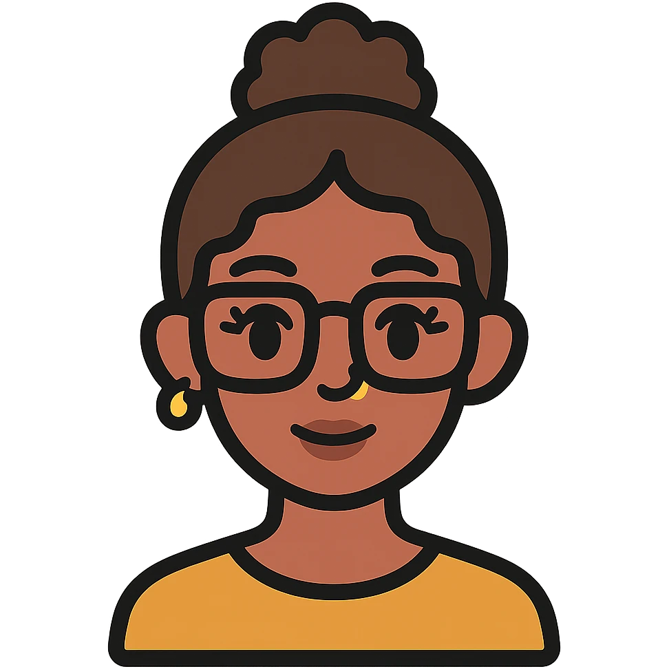 23-year-old girl with square thin glasses, brown curly hair in a high bun, big eyes and lashes, small nose and mouth, thin hoop nose piercing emoji