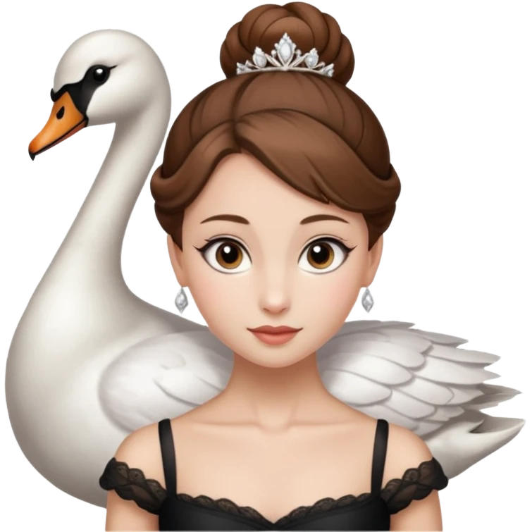 Beautiful lady with fair skin, brown hair, and large hazel eyes. She is wearing a low ballet bun and wearing the ballet costume of The Swan Queen emoji