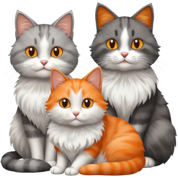 a very fluffy grey and white cat sitting with 2 other cats emoji