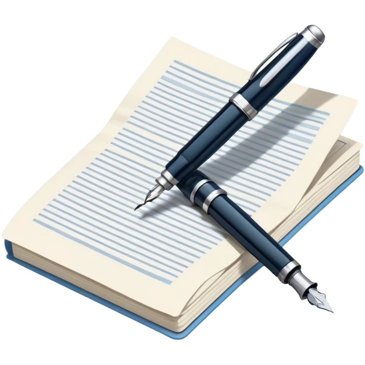 Create an emoji representing journalism and publicistic writing. The design should feature an open newspaper or a stack of articles with visible text columns, symbolizing opinion pieces and analysis. A classic fountain pen or ballpoint pen should be placed near the papers, indicating the act of writing. Optionally, include a small microphone or a press badge to emphasize investigative and journalistic aspects. Use neutral and professional colors like black, white, and muted blue or red. Do not include any emojis or smiley faces. Make the background transparent. emoji