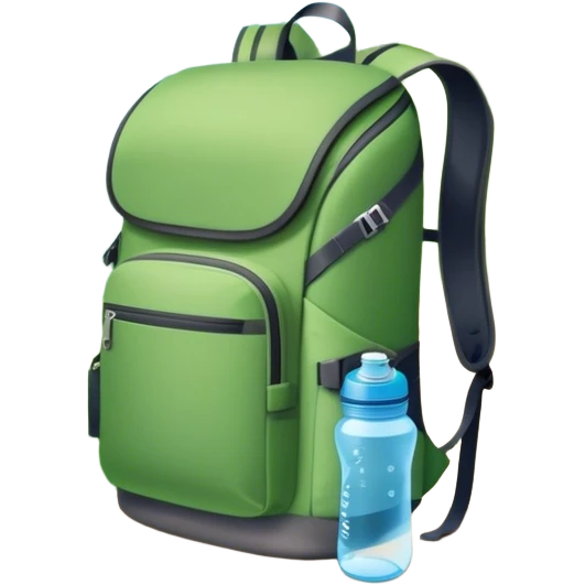Icon for Ecotourism: a lightweight hiking backpack with a reusable water bottle, placed against a backdrop of lush green nature, with trees and a scenic trail. The icon should represent eco-friendly travel and the beauty of the outdoors. Transparent background. emoji