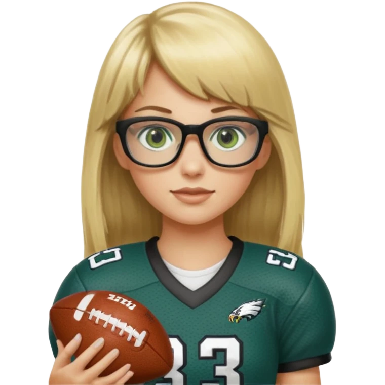 long blonde hair with bangs small black rectangle glasses female green eyes football player wearing eagles jersey number 33 holding football emoji