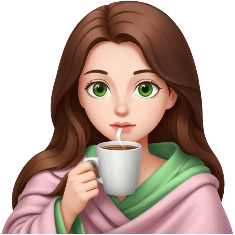 woman with very long brown hair and green eyes in a light pink blanket sipping coffee emoji