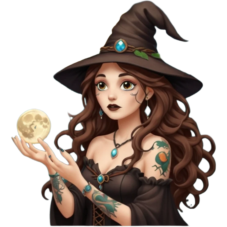forest witch woman long wavy brown hair tattoos blowing moon dust emoji