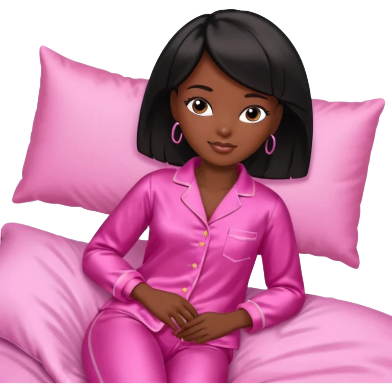 Dark skin Black barbie, short  black bob  hair, pink pajamas in bed sleeping  emoji
