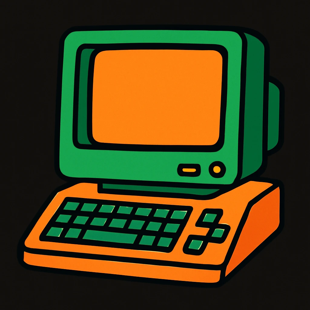thumbnail of a computer, green and orange colors, black background, vibrant style emoji