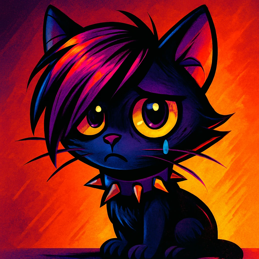 vibrant toon style emo kitty with dramatic lighting, expressive eyes emoji