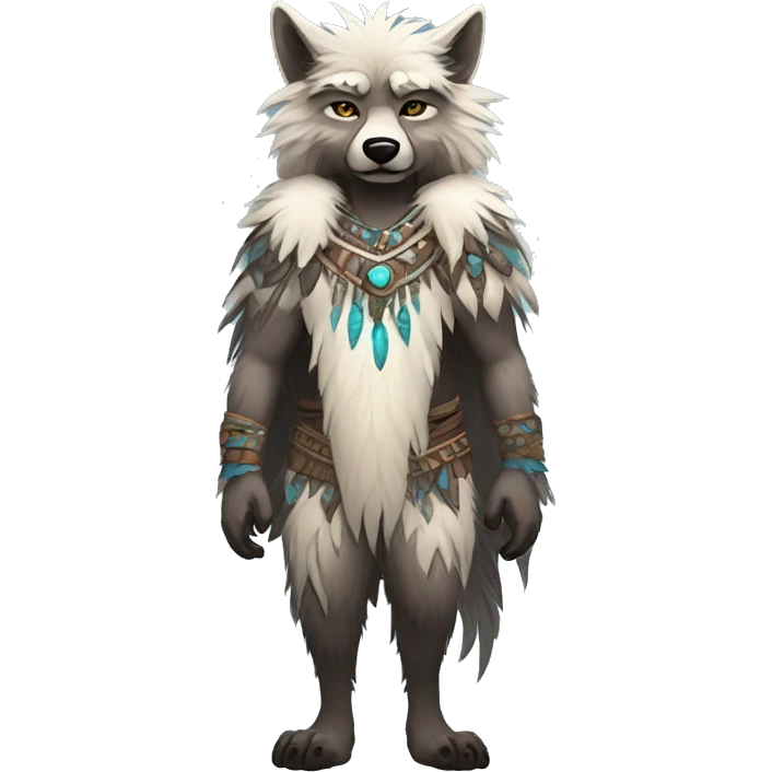 Fluffy Shy Spiritual Shamanic WereWolf With Shiny Tribal Markings wearing feathers Full Body emoji
