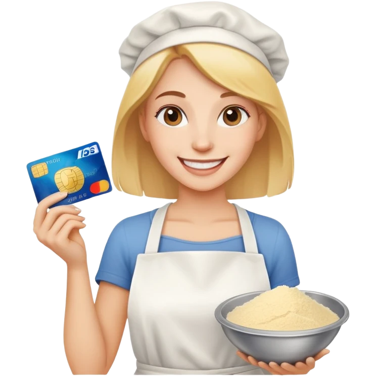A happy woman holding a credit card with flour emoji