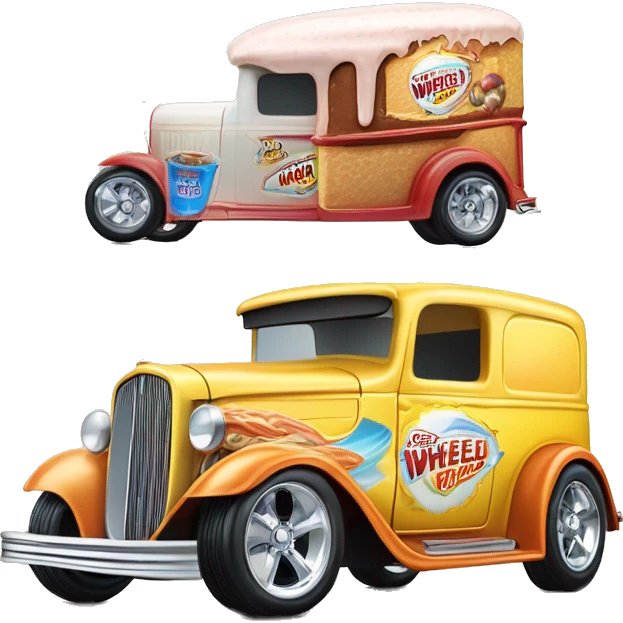Hot rod, Hot wheels style, large ice cream panel truck from 1934 with wide chrome mag wheels, blue, no ice cream on top of truck, open selling window.  emoji