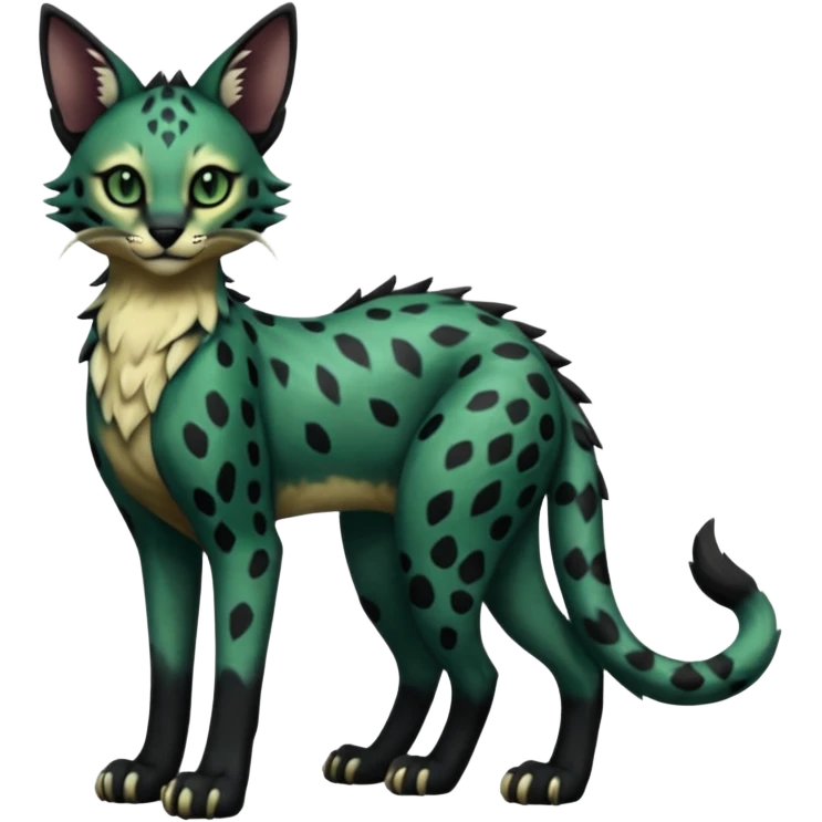 Epic complex detailed dark dusky gloomy deep gothic dark-deep-green, black, realistic Fakémon-Sprigatito-Floragato-Meowscarada-Trico-Sergal-Serval-Vernid-creature (full body) emoji