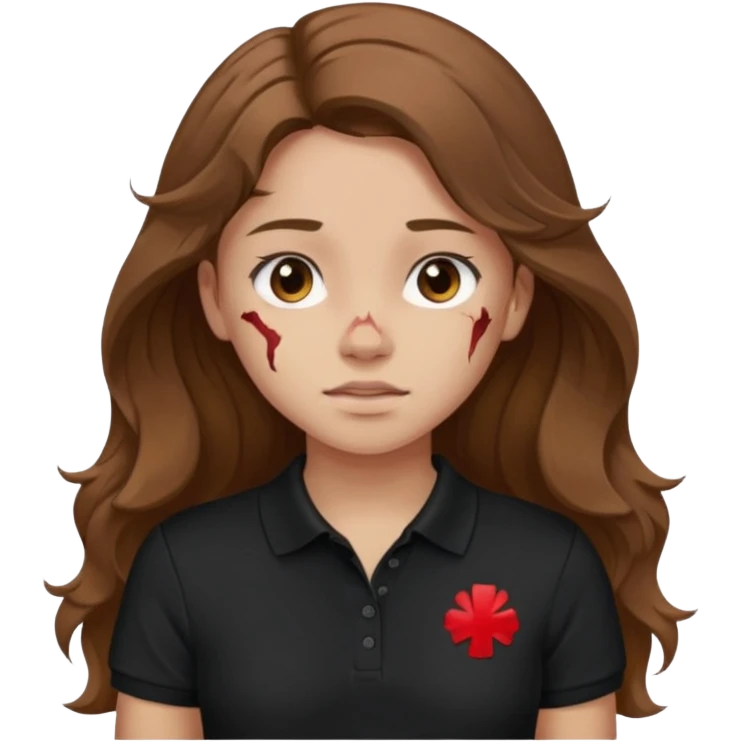 crie uma garota com ferimentos cabelo ondulado 2c longo castanho e blusa polo básica preta emoji