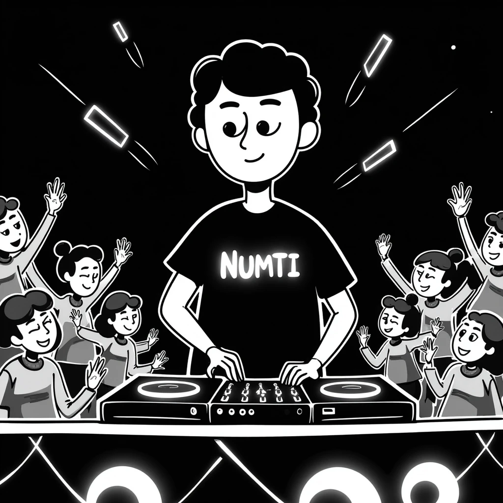 sleek robot DJ in a black t-shirt with glowing 'NUMTI' text, performing at a high-tech party, booth with LED panels, neon lights, and lasers, robots dancing and holographic effects filling the space, glowing t-shirt symbolizing individuality emoji