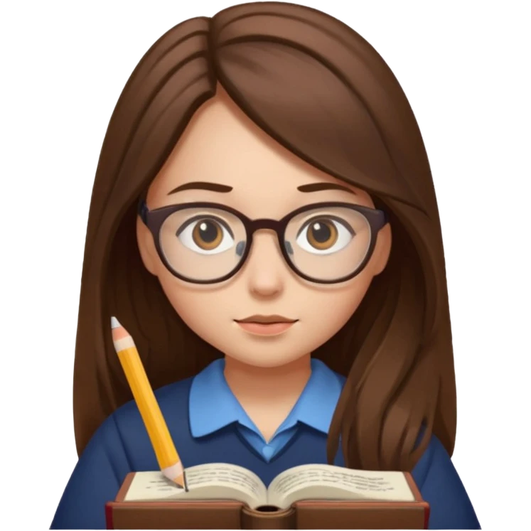 girl long brown hair, wear glases, study emoji