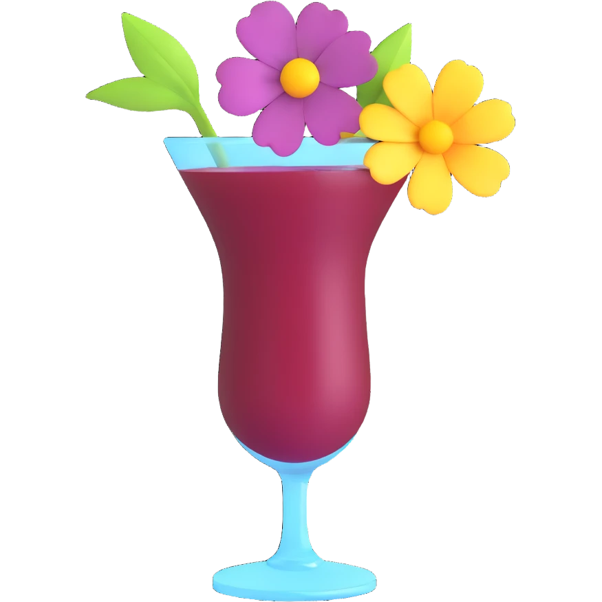 3D emoji style cocktail glass with burgundy drink and a flower garnish emoji