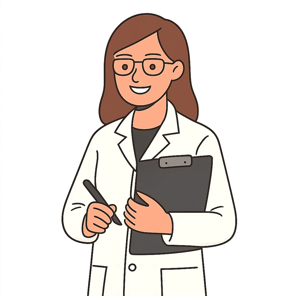 female scientist holding a clipboard smiling simple background emoji
