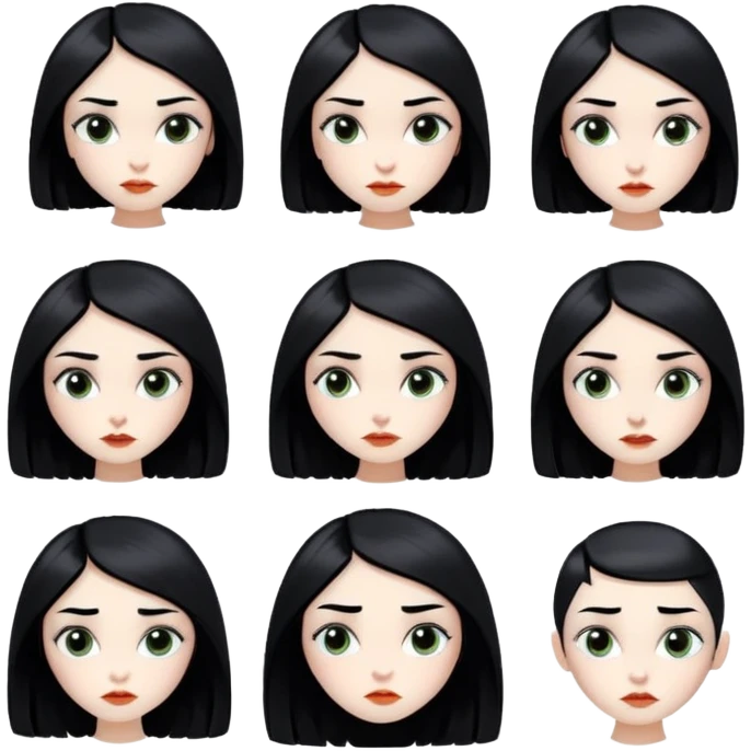 a Slavic-looking girl with black hair with a square hairstyle, in the style of illustrations by Tim Burton, expresses different emotions emoji