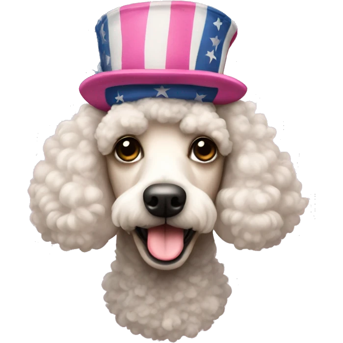 a poodle with pink fur wearing an american revolution style hat emoji