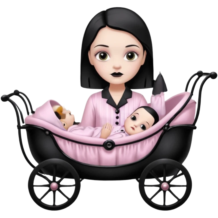 Full model stunning Wednesday Addams dark smoky eyeshadow in a unbuttoned Light pink silk pyjamas set touching gothic antique baby carriage  emoji