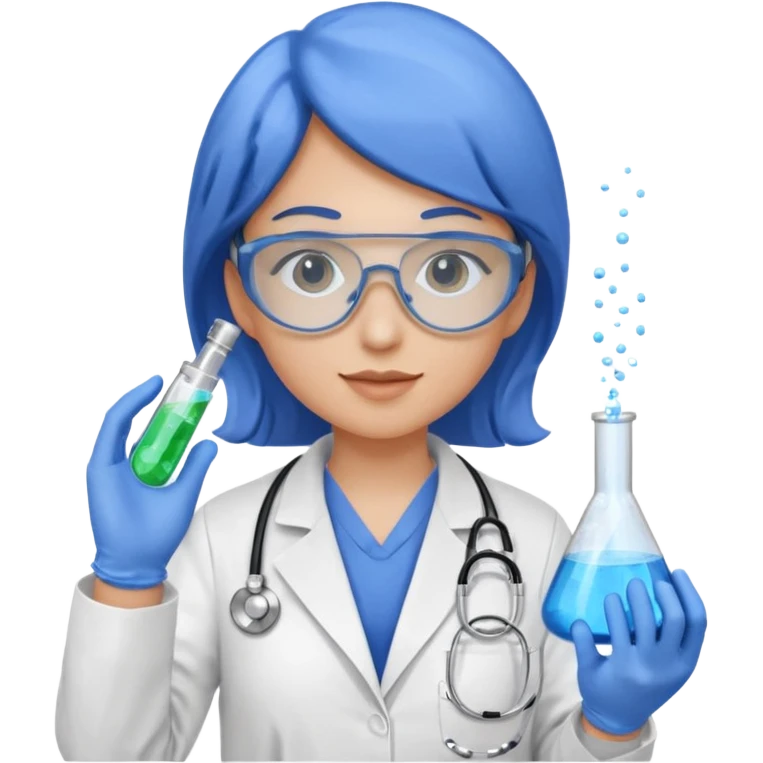 A person wearing safety goggles, a stethoscope, and a white coat. They are wearing blue protective gloves. In their hand, they are holding a test tube containing chemicals. emoji