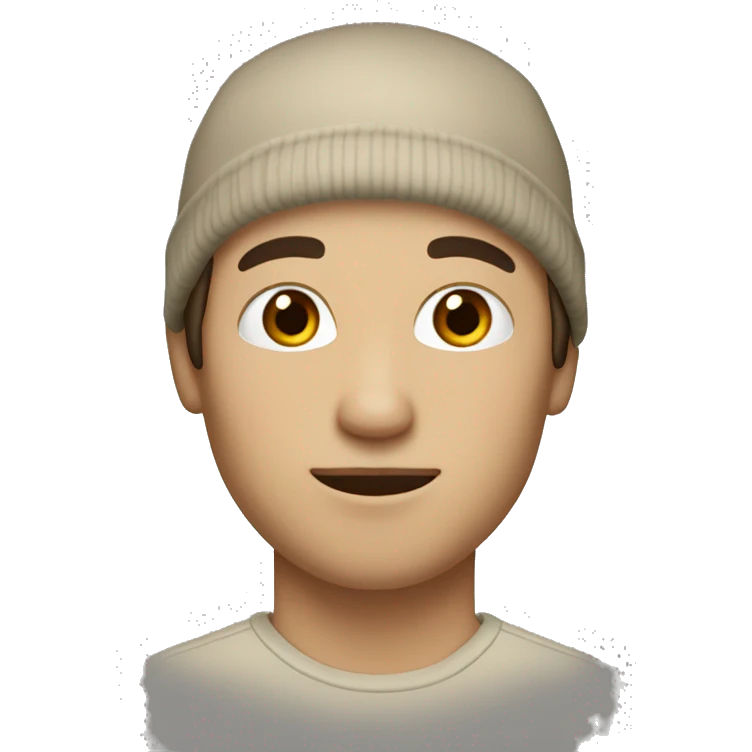 A white person with medium-length dark-brown hair, beige beanie, brown eyes, No body only head, face. emoji