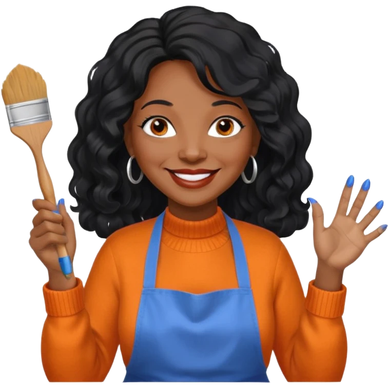 FEMME FRISÉ 60 ANS CHEVEUX NOIR FRISÉ ONDULÉ TRÈS  LONG , SOURIANTE AVEC CHANDAIL ORANGE ,   YEUX BLEU ET UN PINCEAU À LA MAIN LA MAIN AVEC 5 DOIGT SEULEMENT ET TABLIER emoji