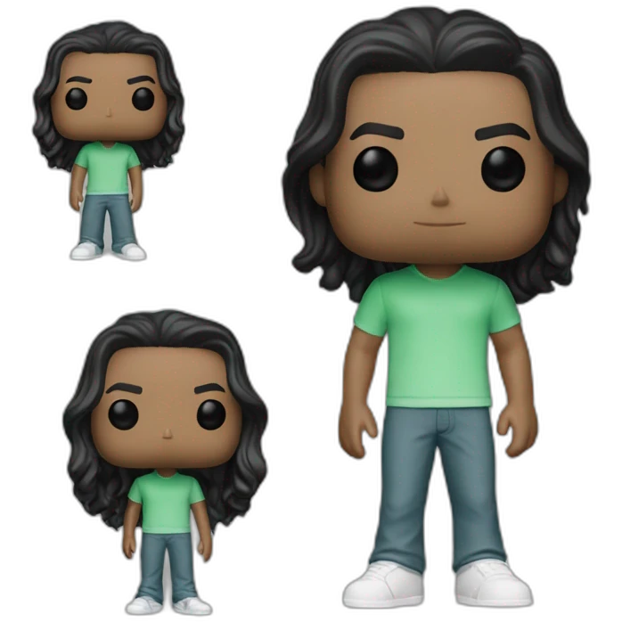 Young 18 years old boy, white, black hair, green eyes, long surfer hair, as a funko pop full fbody emoji